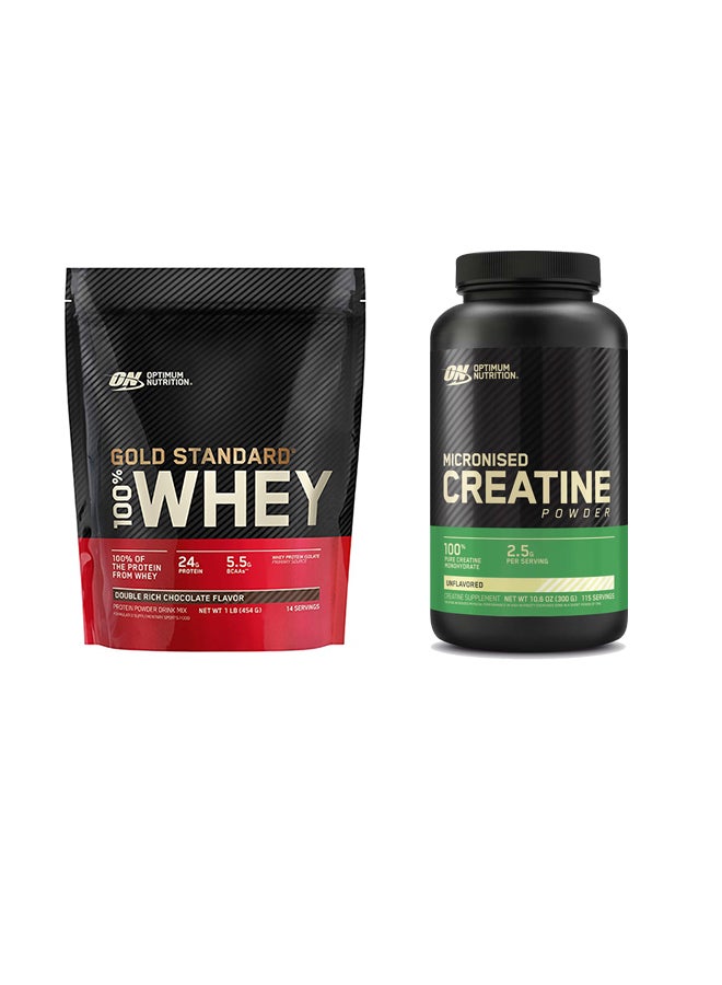 Optimum Nutrition عرض حزمة حصرية - معيار الذهب 100% واي دبل ريتش شوكولاتة 1 رطل 454 جرام ومسحوق الكرياتين المجهرية بدون نكهة 300 جرام 115 حصة - Image 1